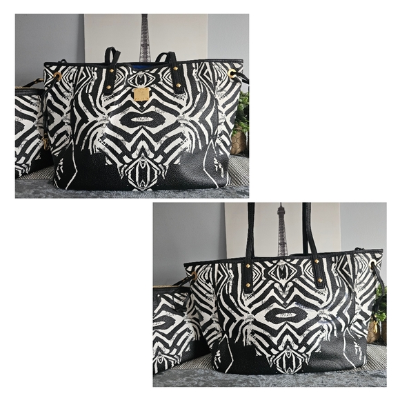 MCM Reversible Liz Tote & Pouch | Limited Edition Zebra Print w/Pochette - Picture 9 of 16